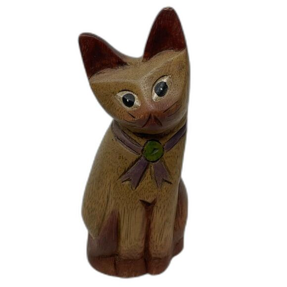 Vintage Folk Art Hand Carved Wood Cat Figurine 1970s Hand Painted Decor 6.5" - Picture 1 of 8